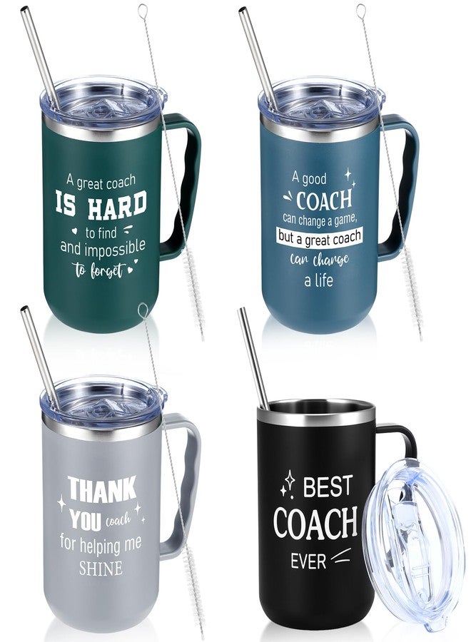 Uiifan 4 Sets Thank You Gifts for Coach Christmas 16 oz Coach Cup with Handle Straw Lid Straw Brush Stainless Steel Insulated Sports Team Coffee Mug for Xmas Appreciation Retirement Gift(Mixed Color) - Image 1